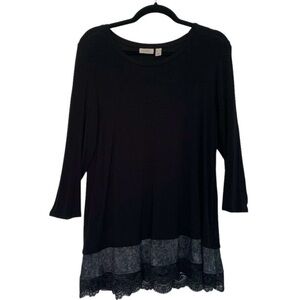 LOGO by Lori Goldstein QVC Women’s Tunic Top Black &‎ Gray Marbled Lace Hem M